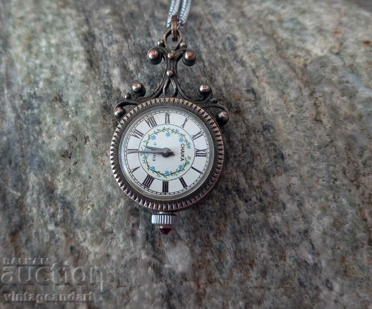 Women's pendant watch, Seagull, silver filigree and ruby