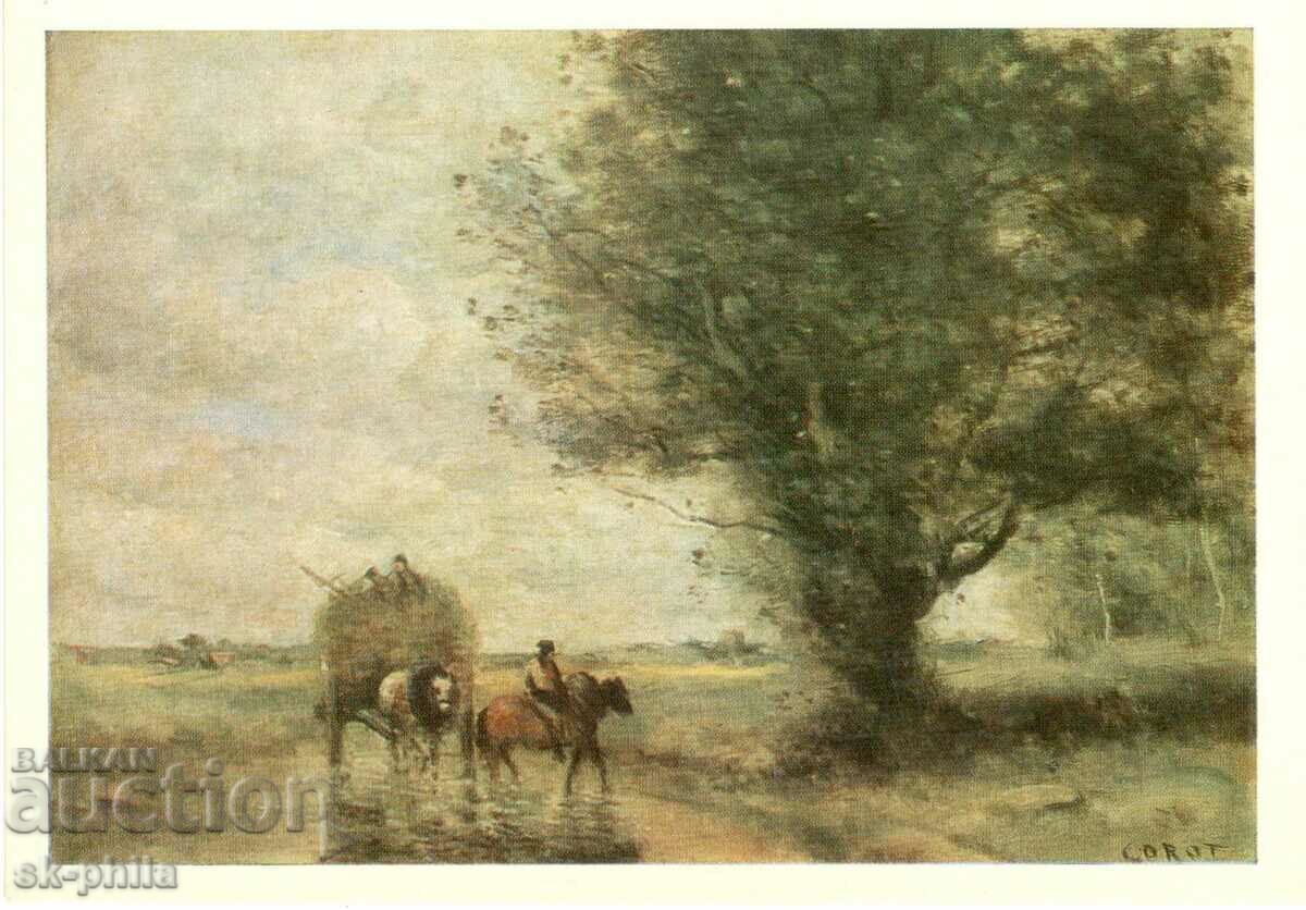 Old postcard - art - Jean Corot, Hay Wagon