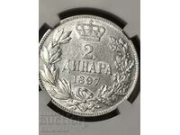 Serbia 2 dinars 1897 AU quality