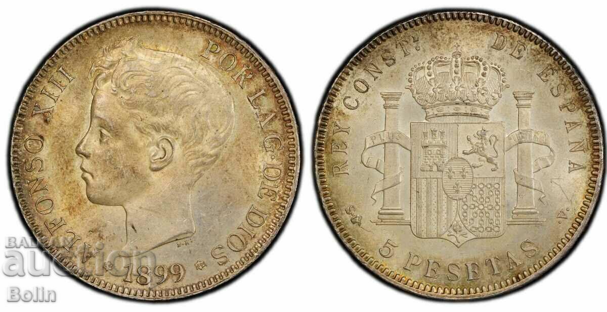 MS 63 Spanish coin 5 pesetas year 1899