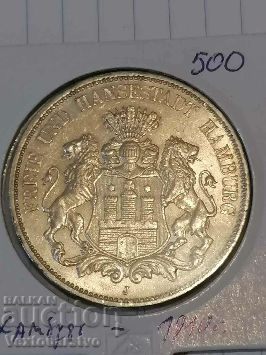 Moneda-Germania-5 mărci de argint-1910-Hamburg.