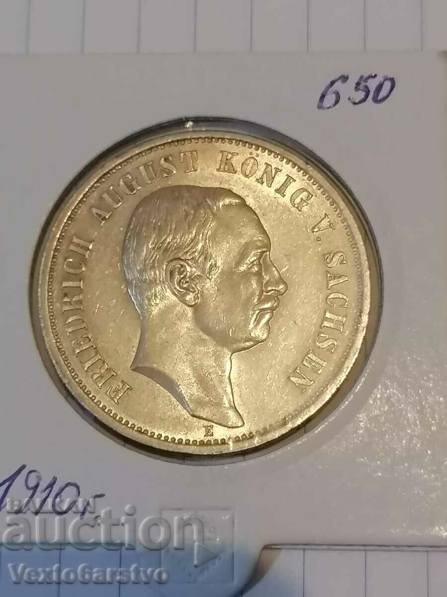 Monedă-Germania-3 mărci - argint-1910 Saxonia.