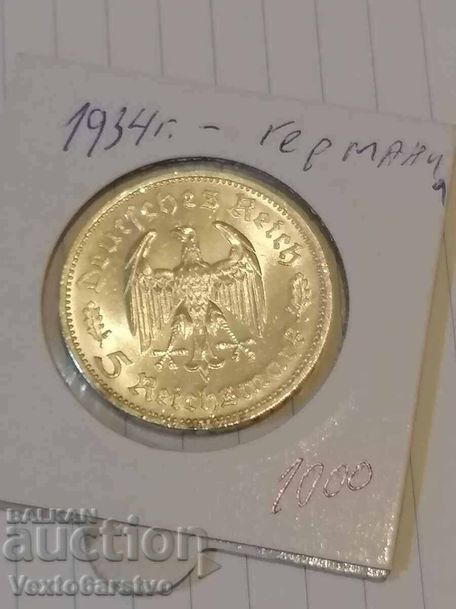 Moneda-Germania-5 Reichsmarks - argint-1934