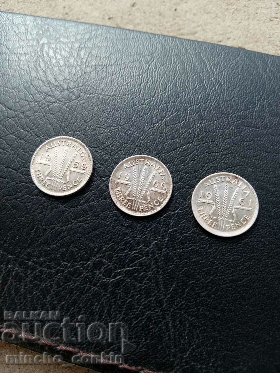 Lot of 3 pieces of 3 pence Australia silver 1959 1960 1961.