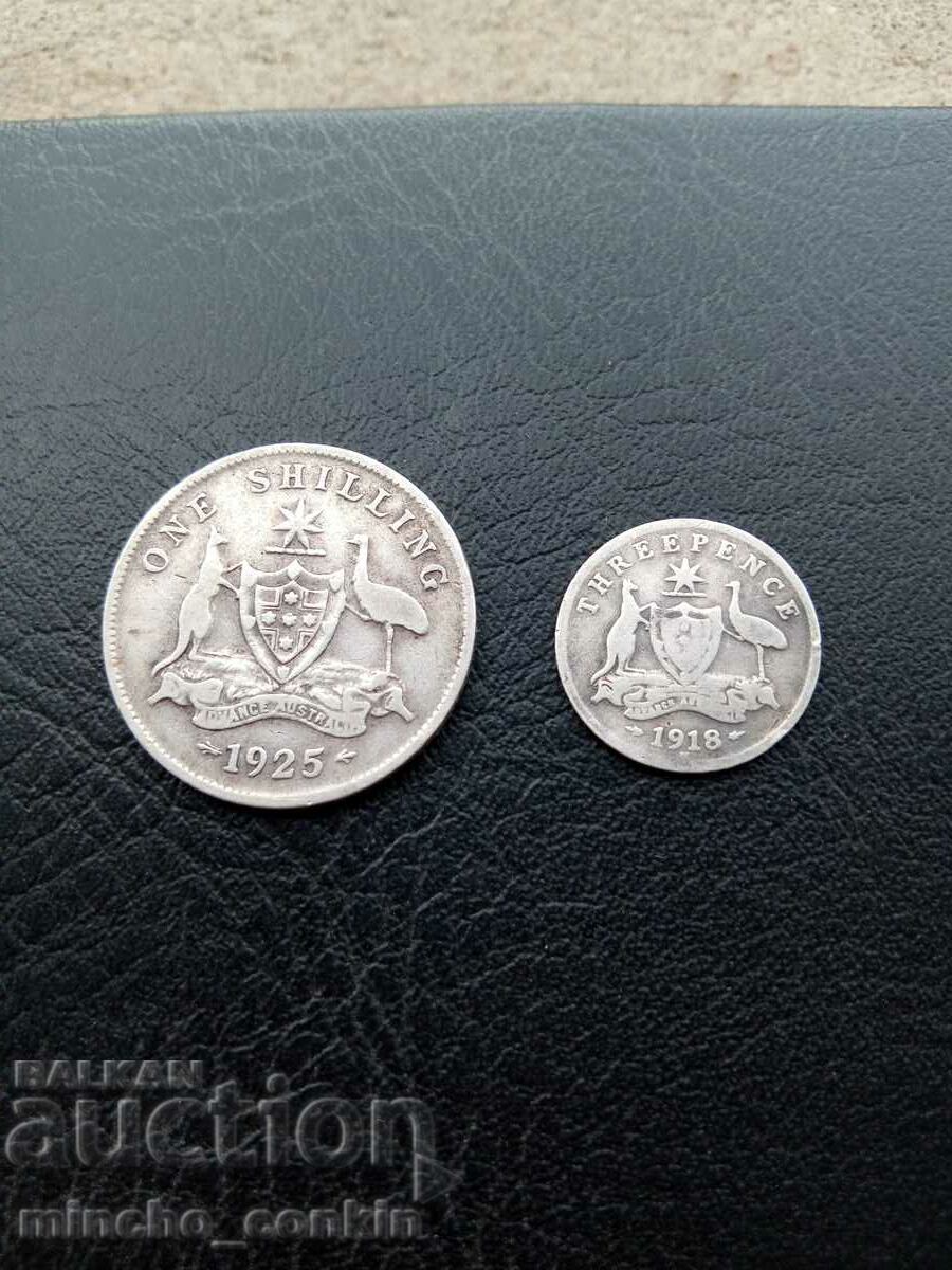 1 Shilling 1925 3 Pence 1918 Australia Silver.