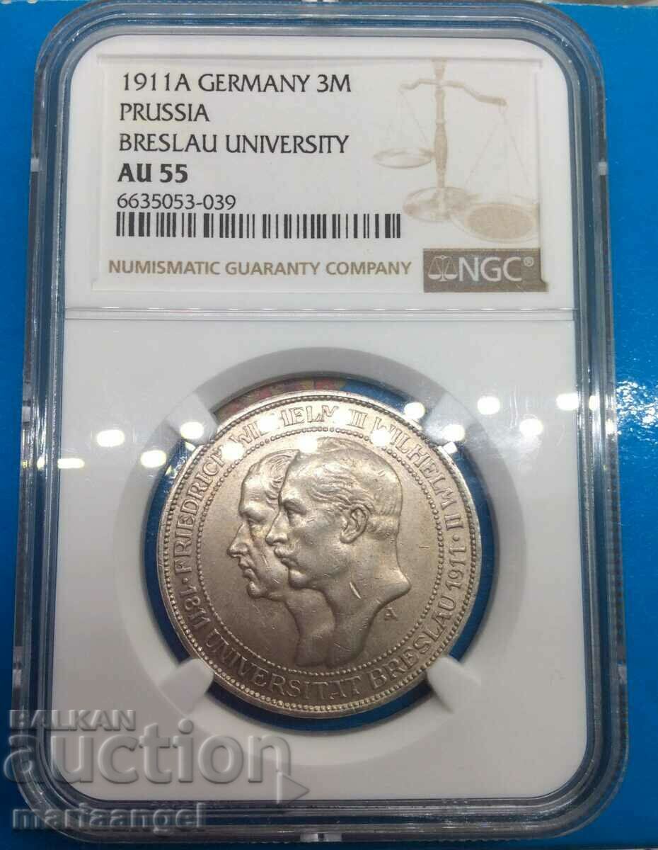 3 timbre 1911 Germania Prusia Universitatea Breslau NGC AU 55 !