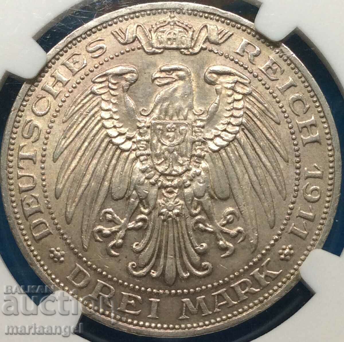 3 timbre 1911 Prusia Universitatea Breslau NGC AU 55 ! Germania