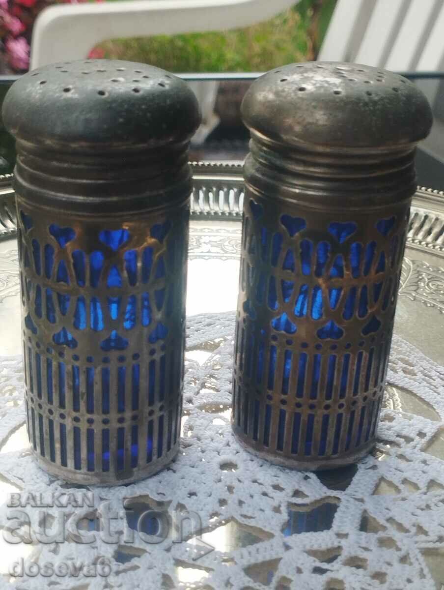 Salt and pepper shakers with cobalt glass containers