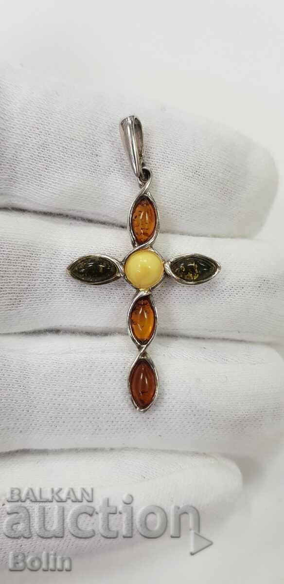 Silver collectible cross with natural Baltic amber