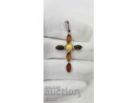 Silver collectible cross with natural Baltic amber