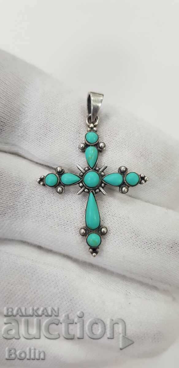 Renaissance style silver cross with natural turquoises, 925