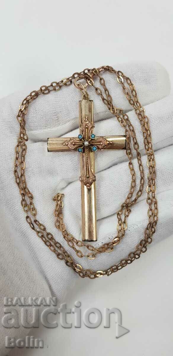 Very rare gilt cross with turquoises and pearls 19th century with price 280.00 BGN | € 143.16 Very rare gilt cross with turquoises and pearls 19th century with price 280.00 BGN | € 143.16
