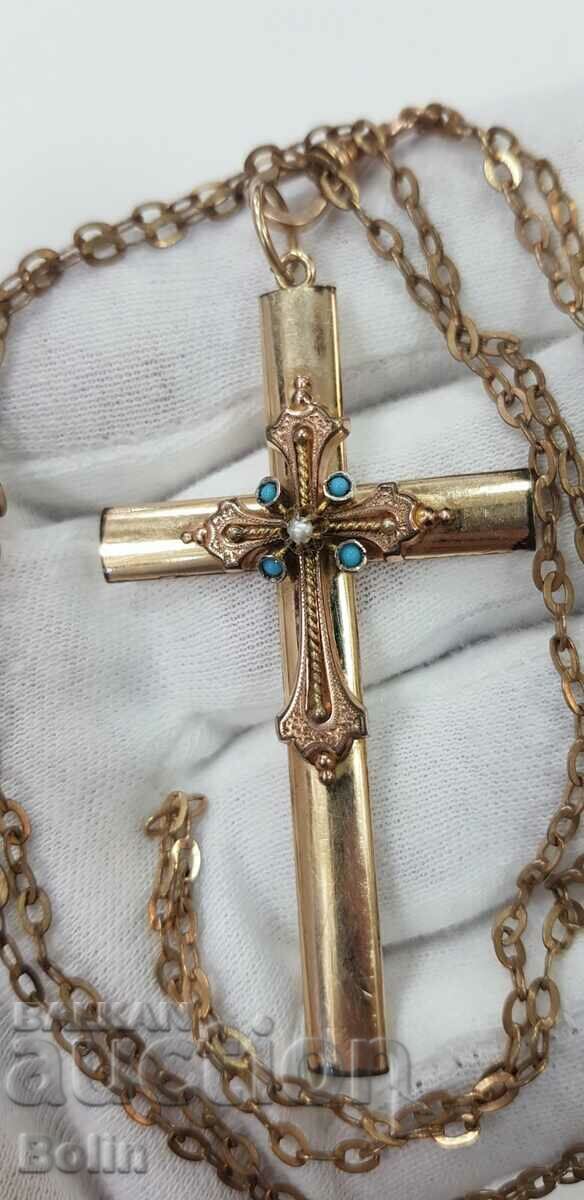 Auction Very rare gilt cross with turquoises and pearls 19th century Auction Very rare gilt cross with turquoises and pearls 19th century