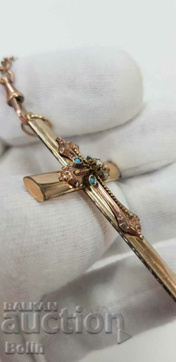 Delivery of Very rare gilt cross with turquoises and pearls 19th century Delivery of Very rare gilt cross with turquoises and pearls 19th century