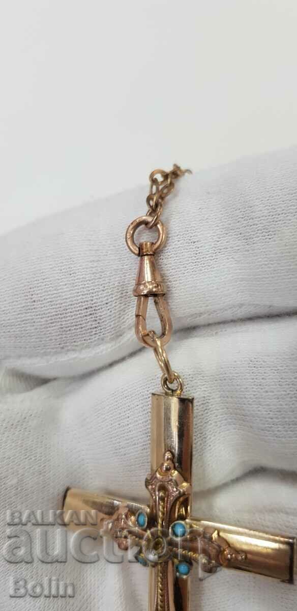 Very rare gilt cross with turquoises and pearls 19th century - 5 Very rare gilt cross with turquoises and pearls 19th century - 5