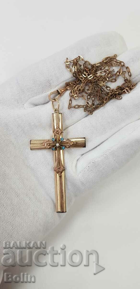 Very rare gilt cross with turquoises and pearls 19th century