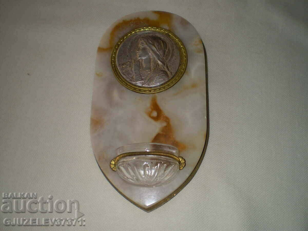 Auction  Fountain of onyx bronze glass for holy water Virgin Mary