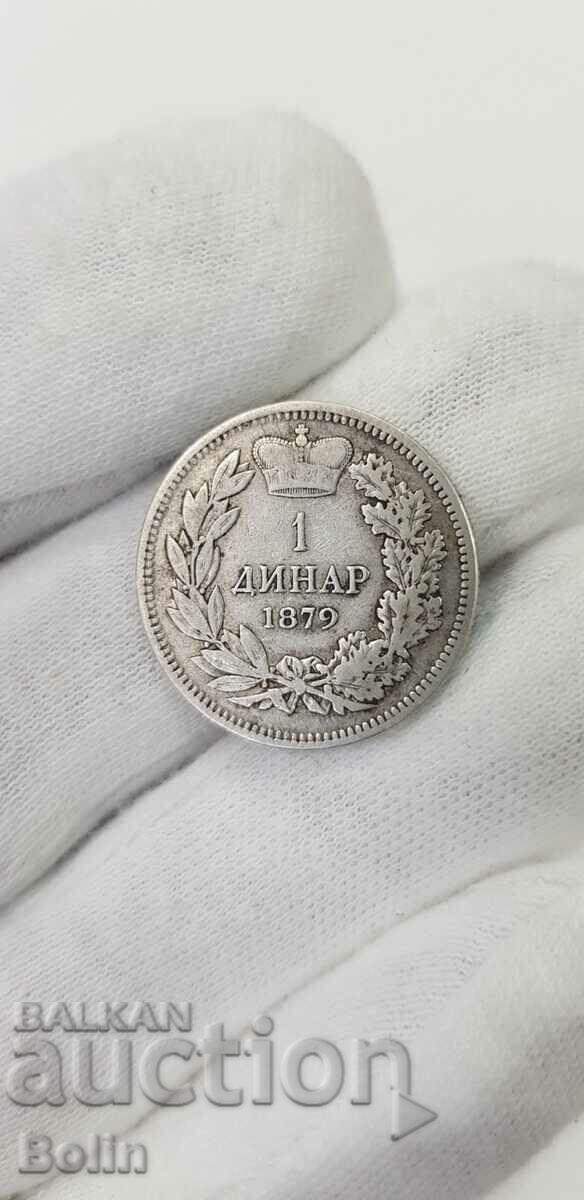 Rare silver coin 1 dinar 1879 Serbia - Milan IV