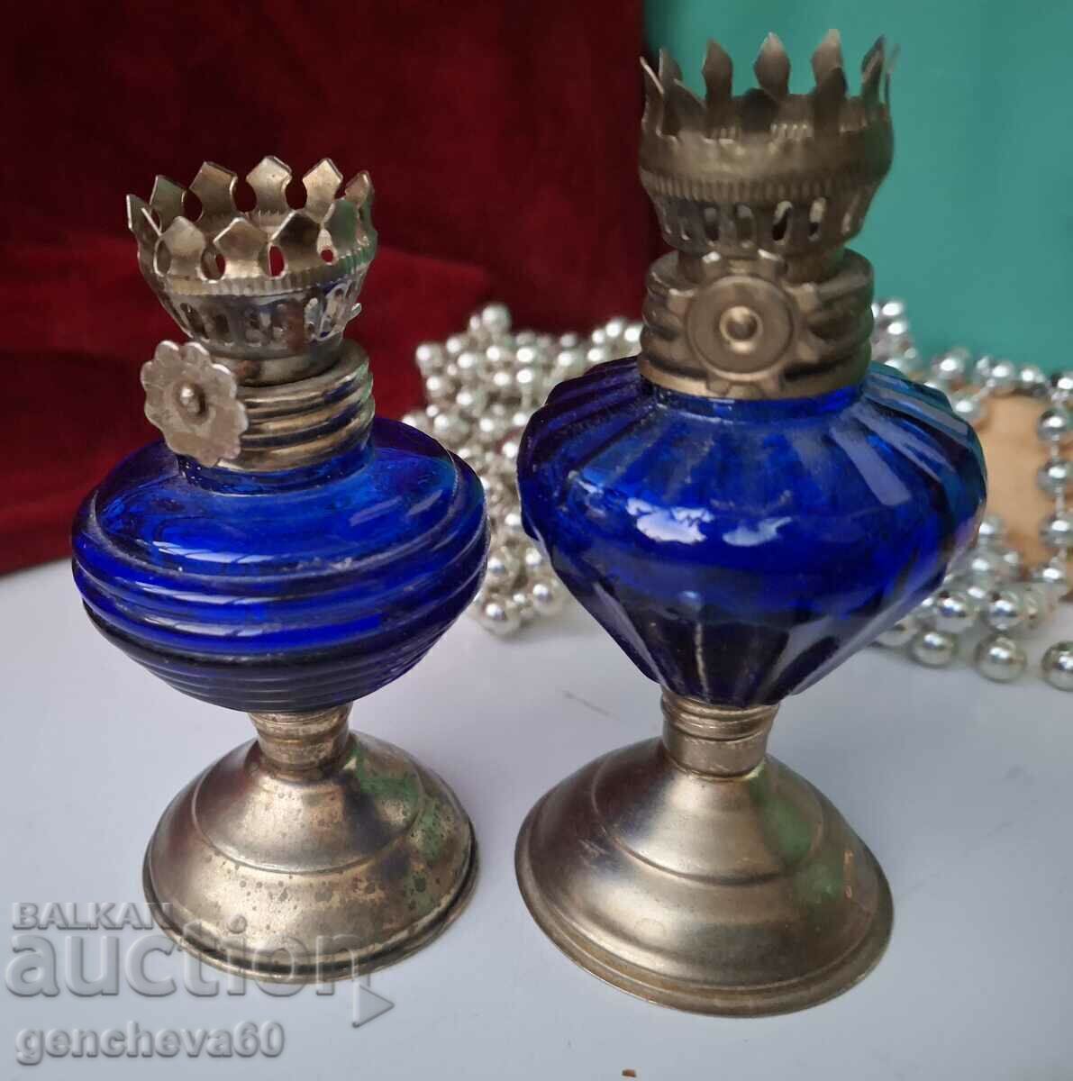 Old cobalt glass oil lamps - 6 Old cobalt glass oil lamps - 6