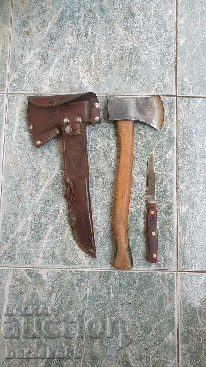 Παλιό μικρό σετ Axe Knife Δερμάτινη θήκη