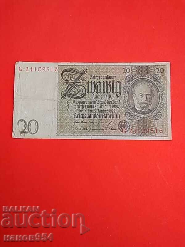 Banknote 20 marks 1929. Germany.