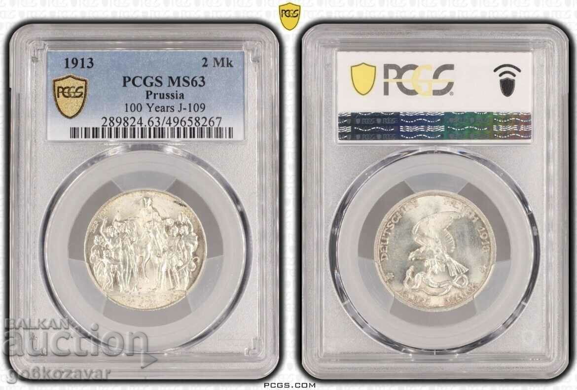 Германия Прусия 2 марки 1913г PCGS MS 63