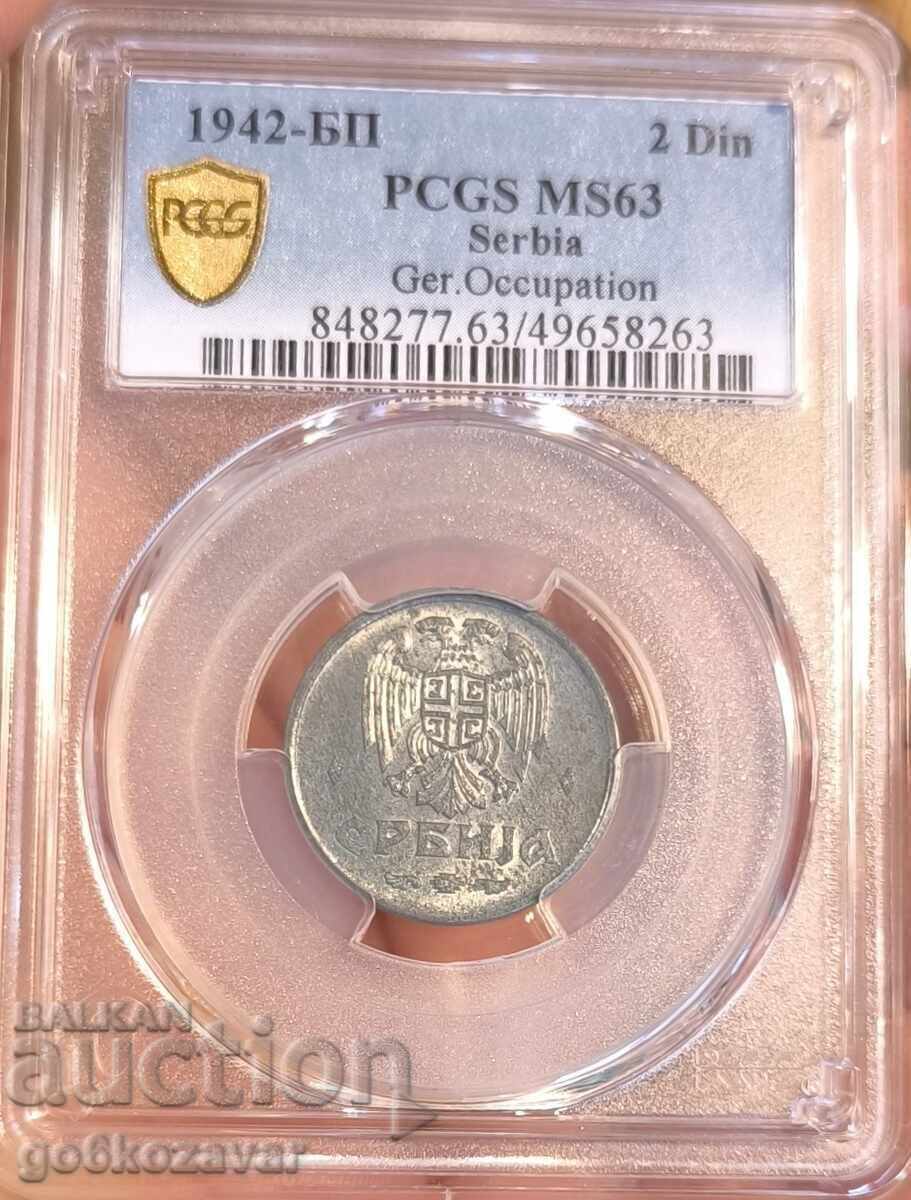 Serbia 2 Dinars 1942 PCGS MS 63 Zinc Rare ! with price € 68.00 | 133.00 BGN Serbia 2 Dinars 1942 PCGS MS 63 Zinc Rare ! with price € 68.00 | 133.00 BGN