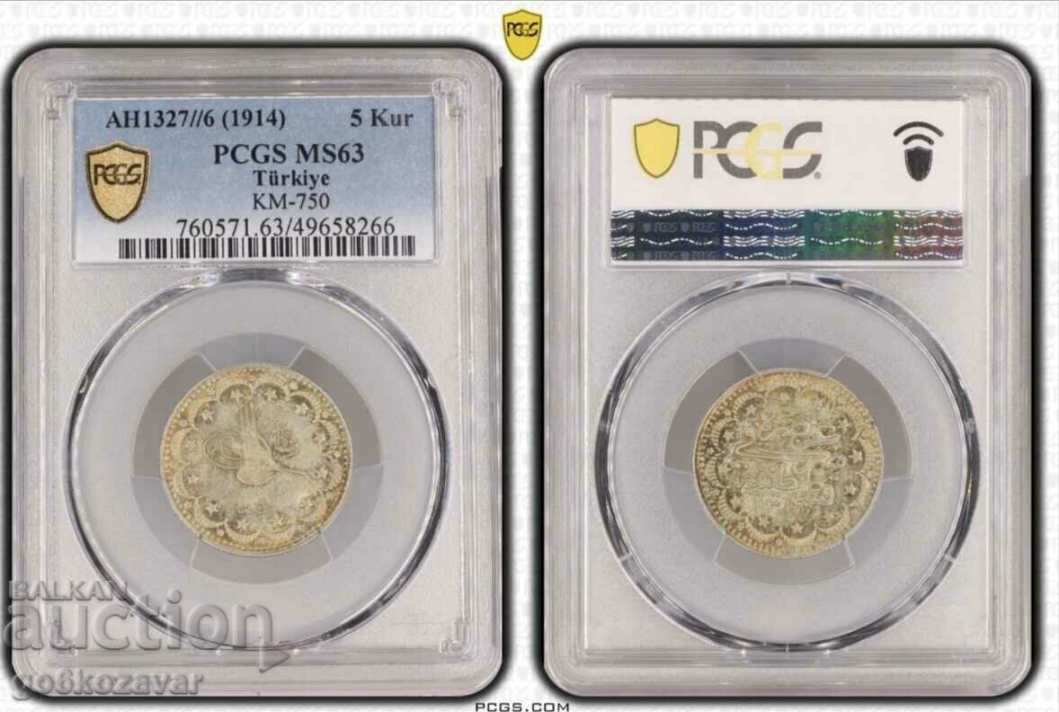 Imperiul Otoman 5 Kurusha Silver 1914 Top PCGS MS 63 R