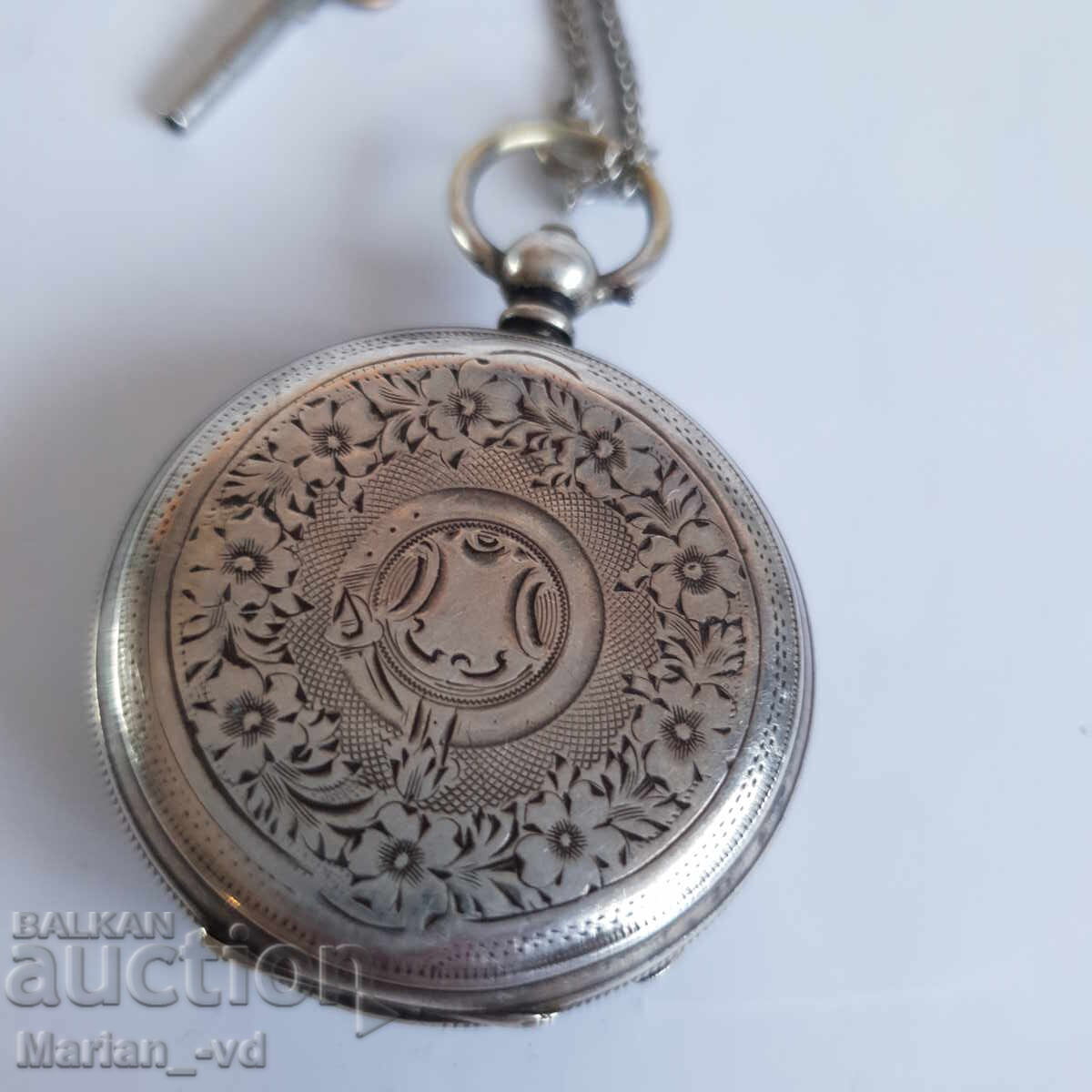 Old silver pocket watch with key and case - 5 Old silver pocket watch with key and case - 5