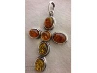 Old silver cross pendant with amber--925