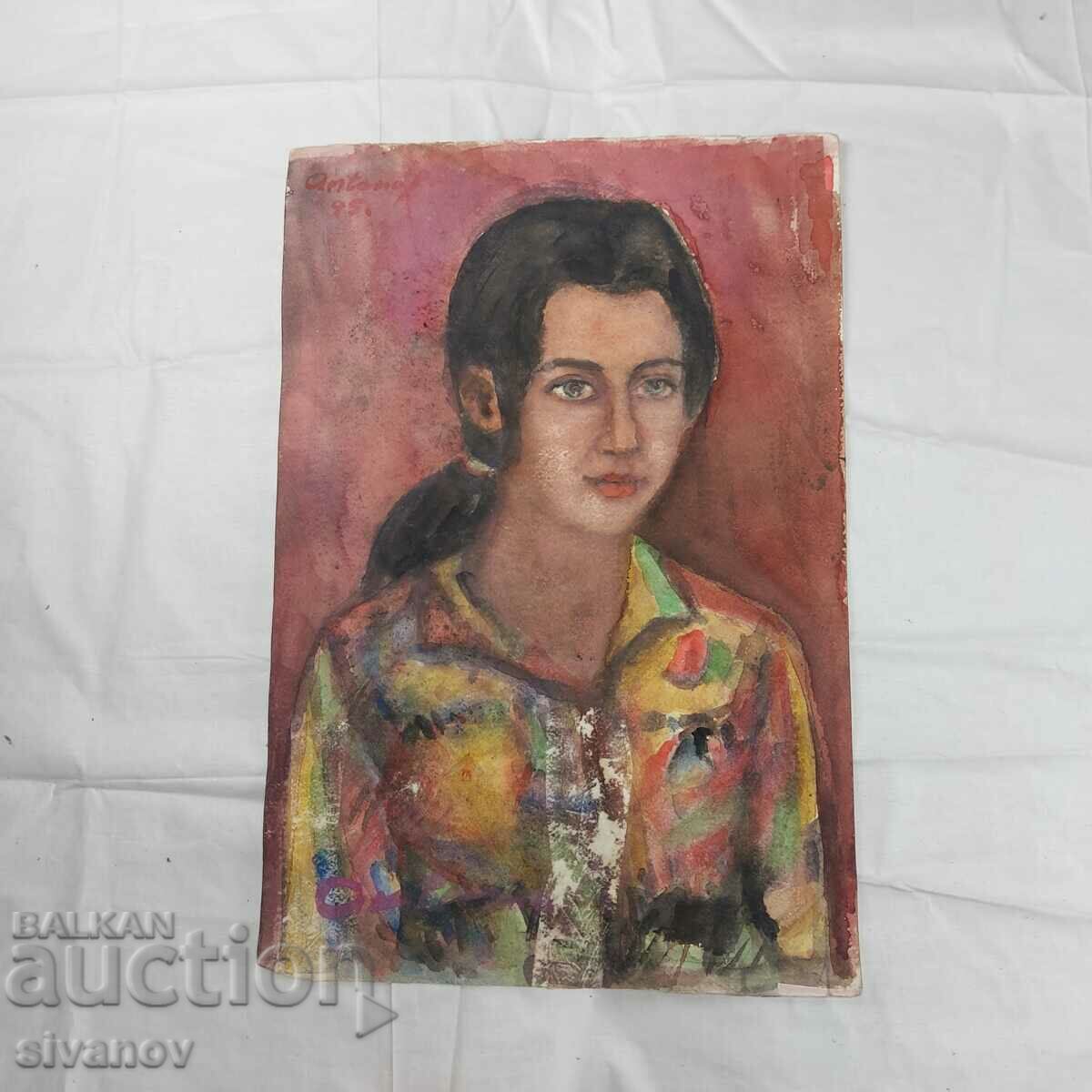 Interesting old painting watercolor portrait signed SG2023