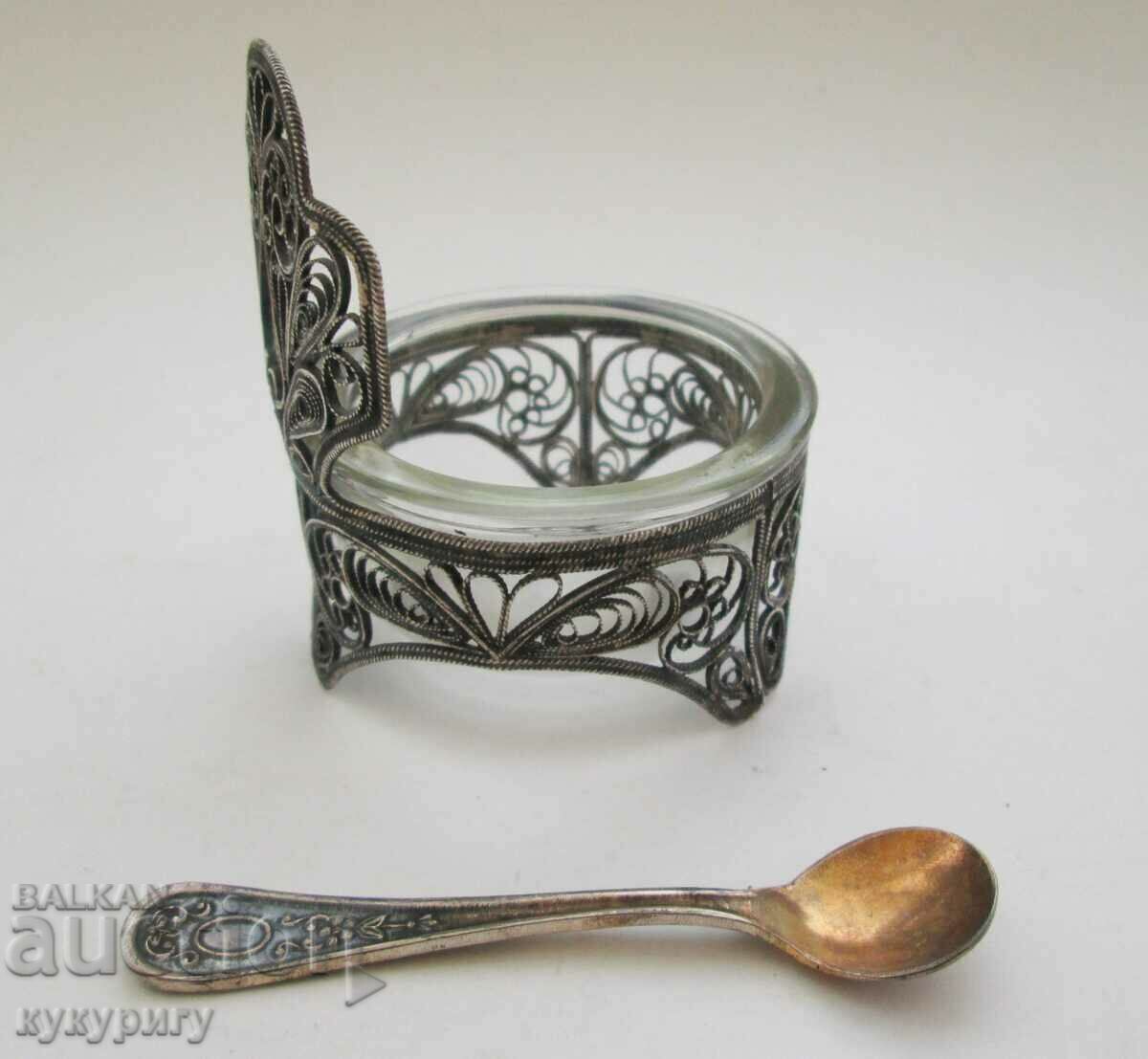 Old Russian USSR salt shaker or for caviar filigree with a spoon with price 45.00 BGN | € 23.01 Old Russian USSR salt shaker or for caviar filigree with a spoon with price 45.00 BGN | € 23.01