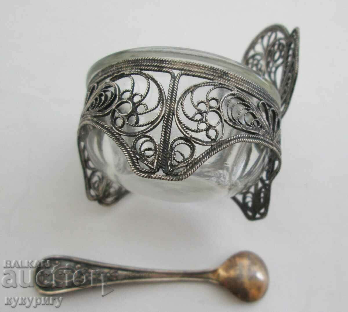 Auction Old Russian USSR salt shaker or for caviar filigree with a spoon Auction Old Russian USSR salt shaker or for caviar filigree with a spoon