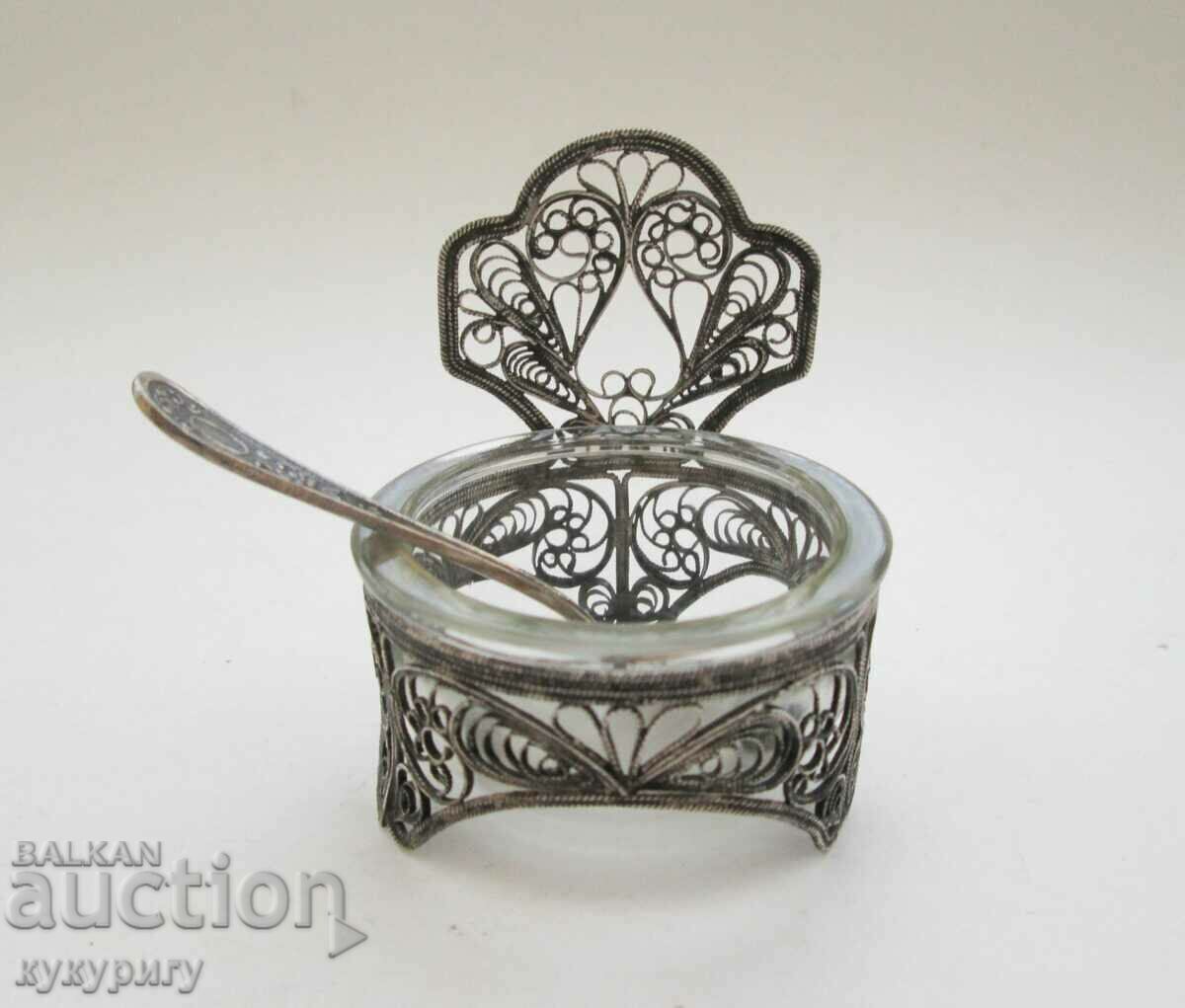Old Russian USSR salt shaker or for caviar filigree with a spoon - 7 Old Russian USSR salt shaker or for caviar filigree with a spoon - 7