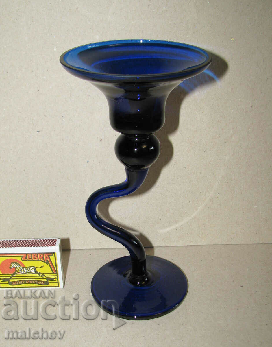 Candle holder 17cm in hand blown blue cobalt glass excellent