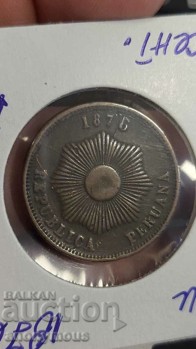 Copper coin Peru 2 cents, centavos 1876