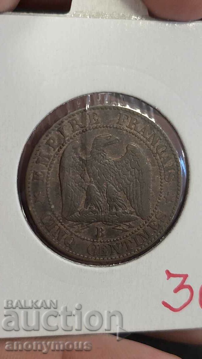 Copper coin France Napoleon 3rd 1854 5 centimes with price 30.00 BGN | € 15.34