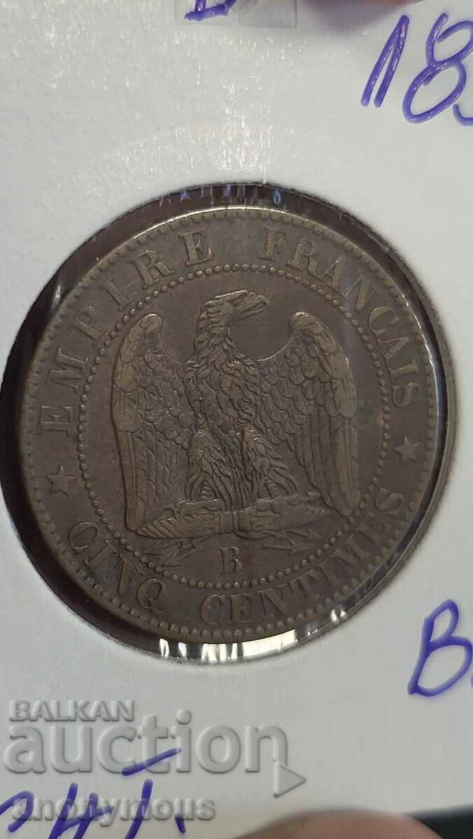 Monedă de cupru Franța Napoleon III 1854 5 centimes