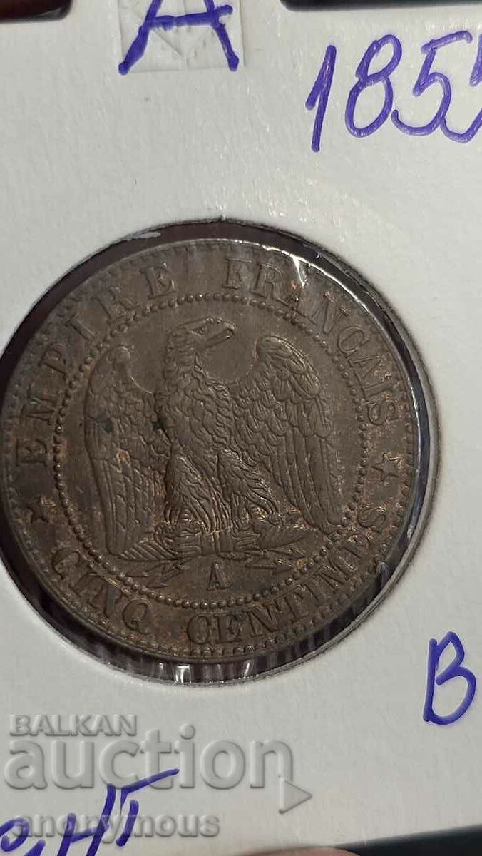 Monedă de cupru Franța Napoleon 3 1855 5 centimes