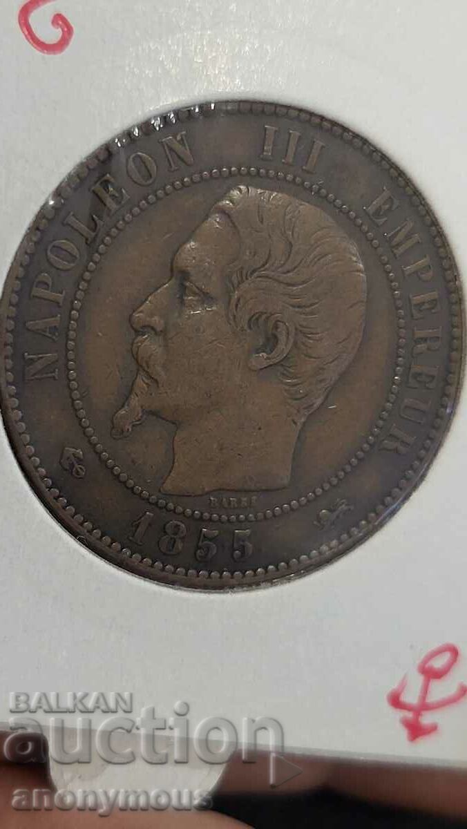 Медна монета Франция Наполеон 3-ти 1855 10 сентимес с цена 25.00 лв. | € 12.78 Медна монета Франция Наполеон 3-ти 1855 10 сентимес с цена 25.00 лв. | € 12.78