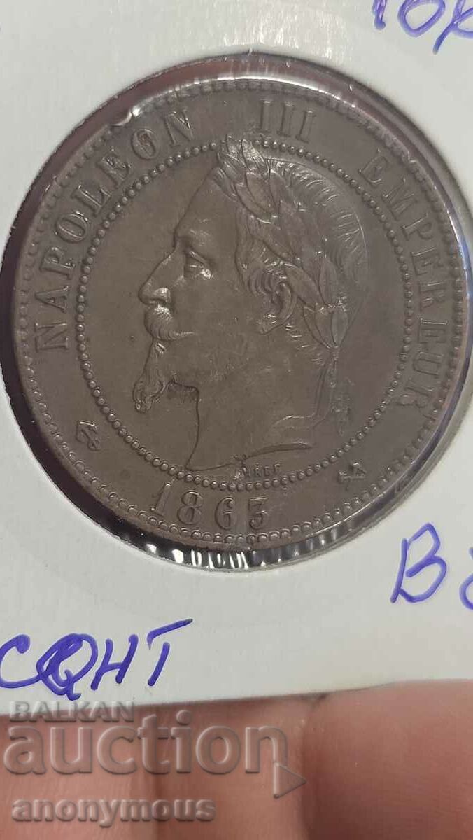 Moneda de cupru Franta Napoleon 3 1865 10 centimes