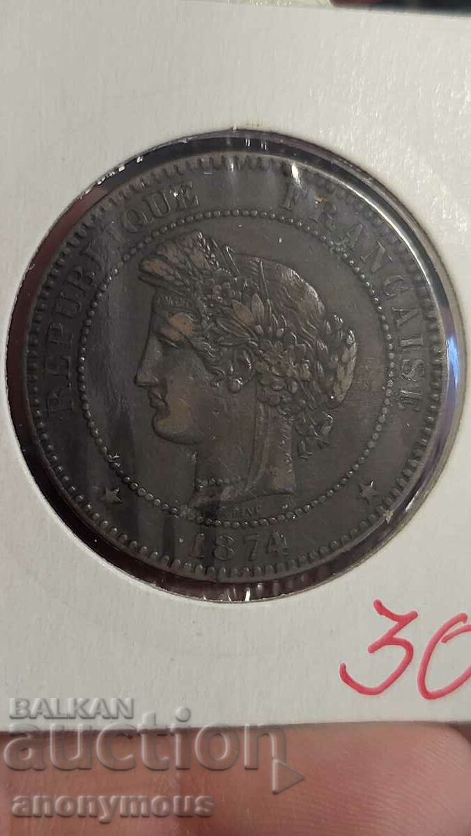 Copper coin France 1874 10 centimes with price 25.00 BGN | € 12.78