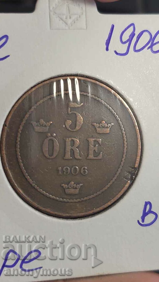 Copper coin Sweden 1906 5 ore, yore