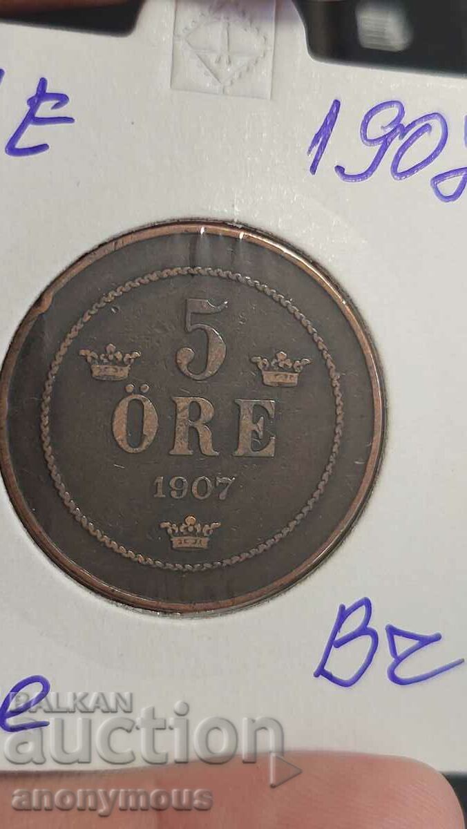 Copper coin Sweden 1907 5 ore, yore