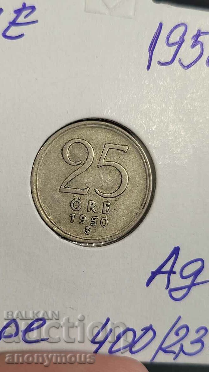 Silver coin Sweden 1950 25 öre, yore