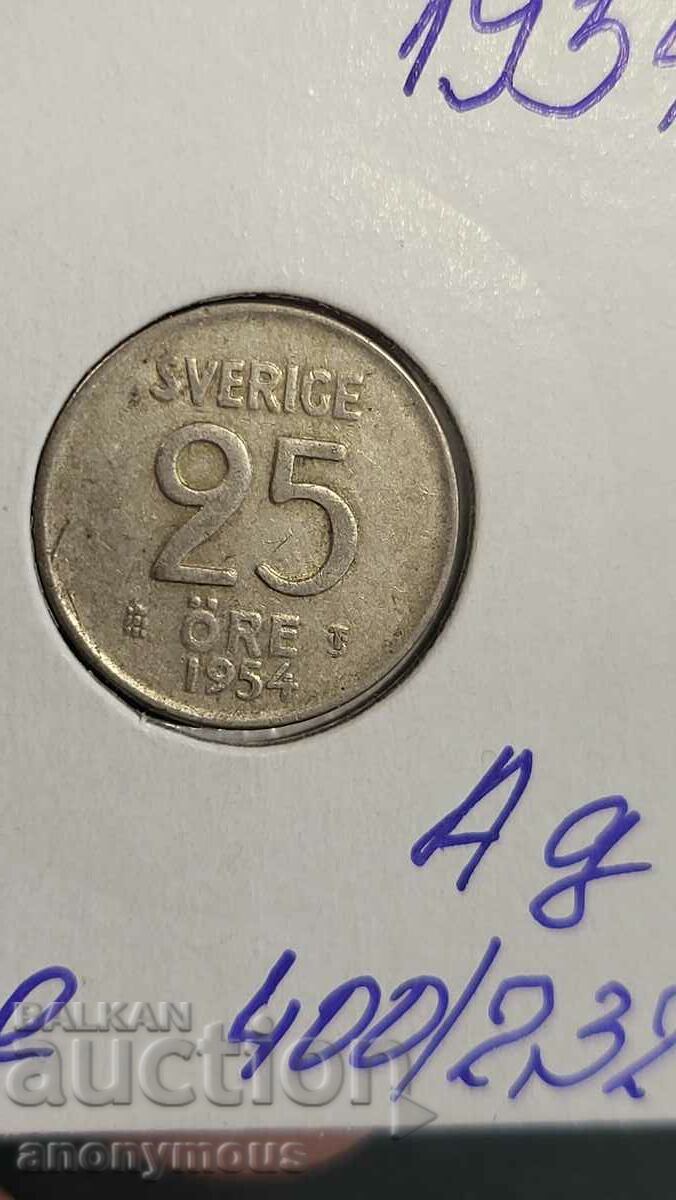 Silver coin Sweden 1954 25 øre yore