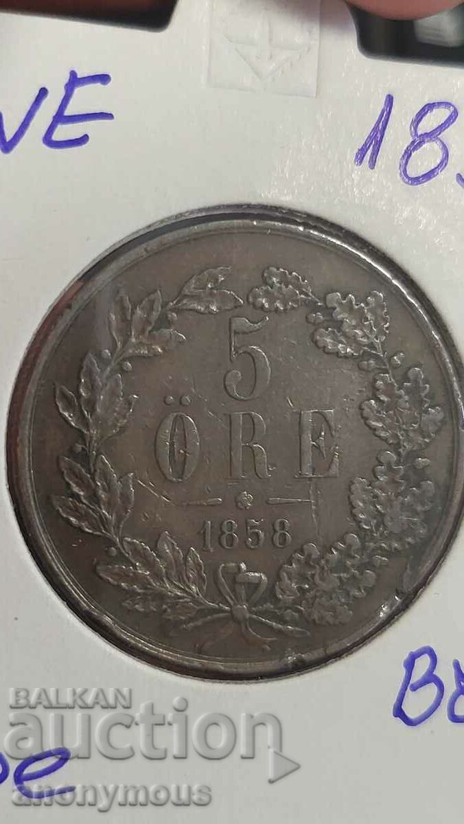Copper coin Sweden 1858 5 öre Copper coin Sweden 1858 5 öre