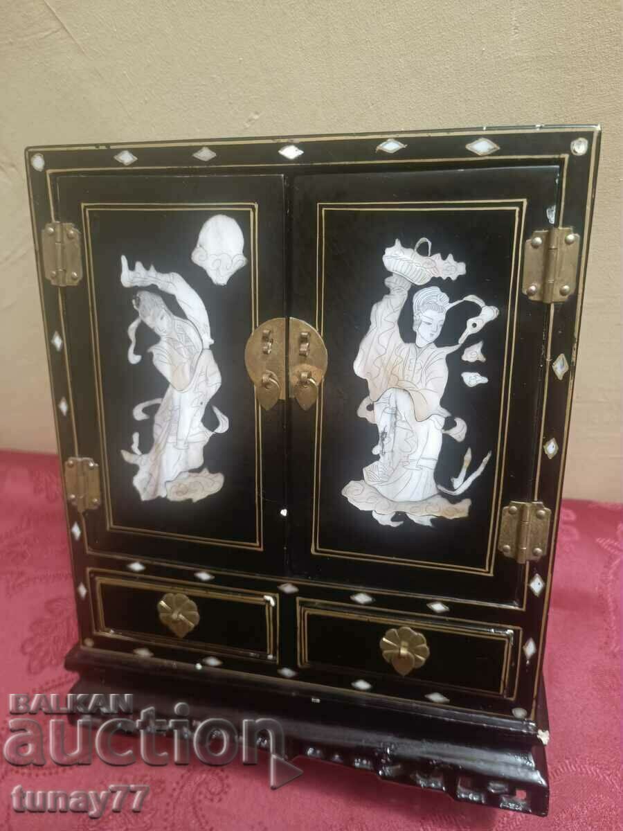 Large handmade mother-of-pearl jewelry box with velvet lining