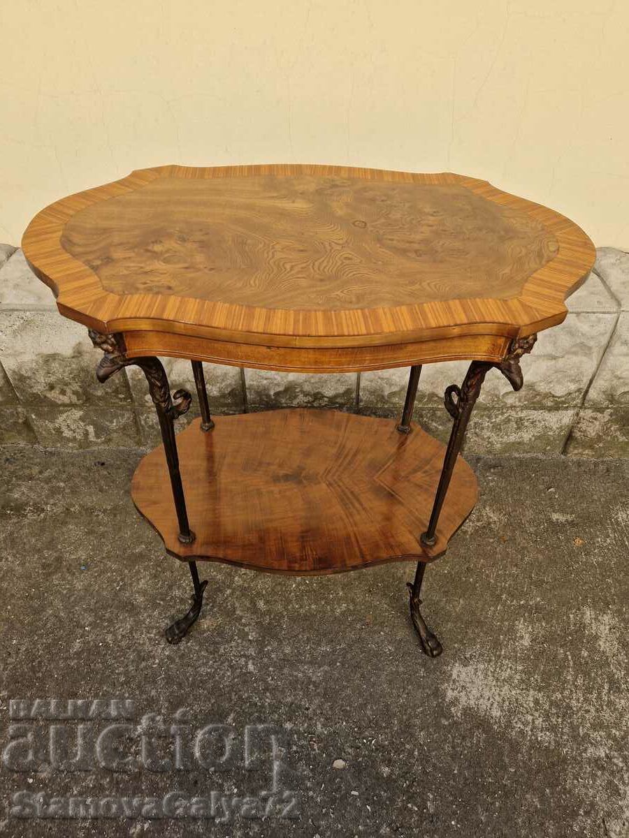 Unique French wooden table with marquetry and bronze legs