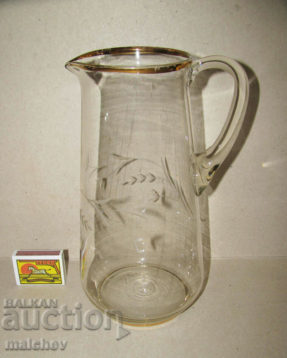 Glass jug 24 cm hand engraved 1960s gilding preserved